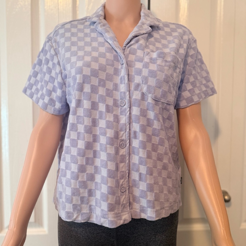 Vans Checkered Button Up Shirt Purple Cropped Top Women’s XL - Picture 2 of 8